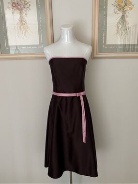 Mocha Brown Strapless Cocktail Prom Dress with Light Pink Bow